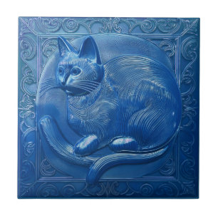 Azulejo Alivio de la Marina Azul falso Art Nouveau Cat