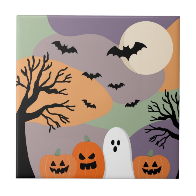 Azulejo Almofada noite de halloween abóboras e fantasmas (Frente)