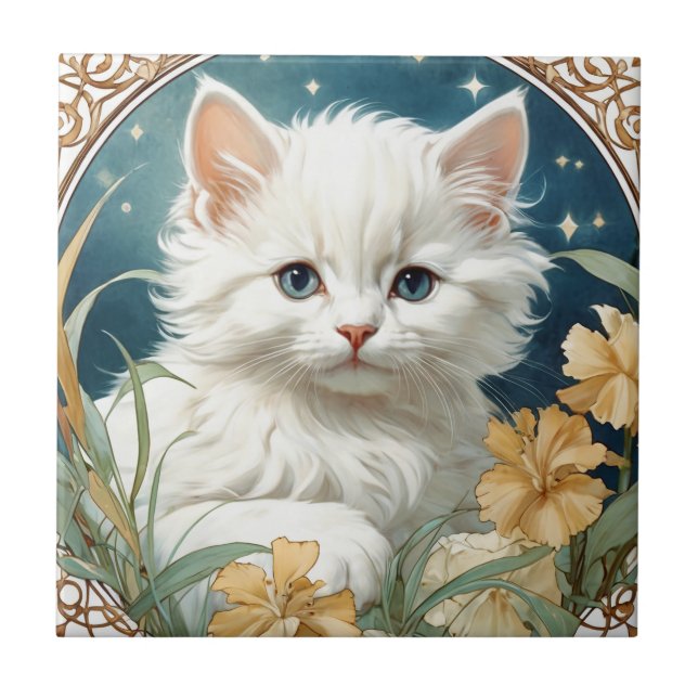 Azulejo Alphonse Mucha Art Nouveau Kitten (Frente)