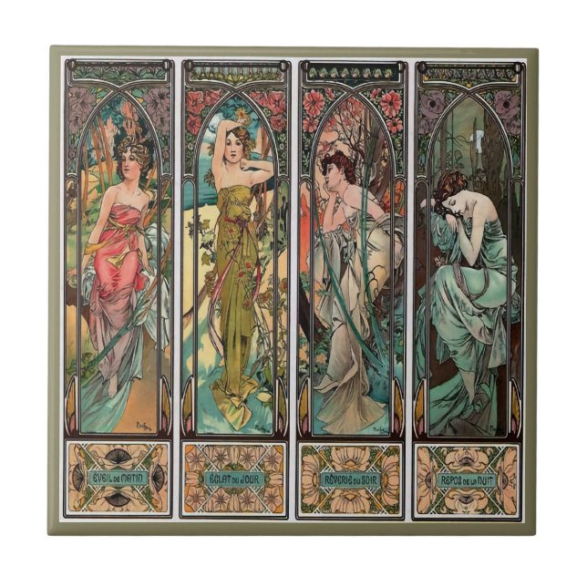 Azulejo Alphonse Mucha arte, art nouveau, vintage, hembras (Frente)