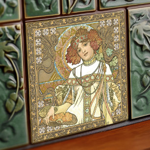 Azulejo Alphonse Mucha Cae Temporadas de Art Nouveau Vinta