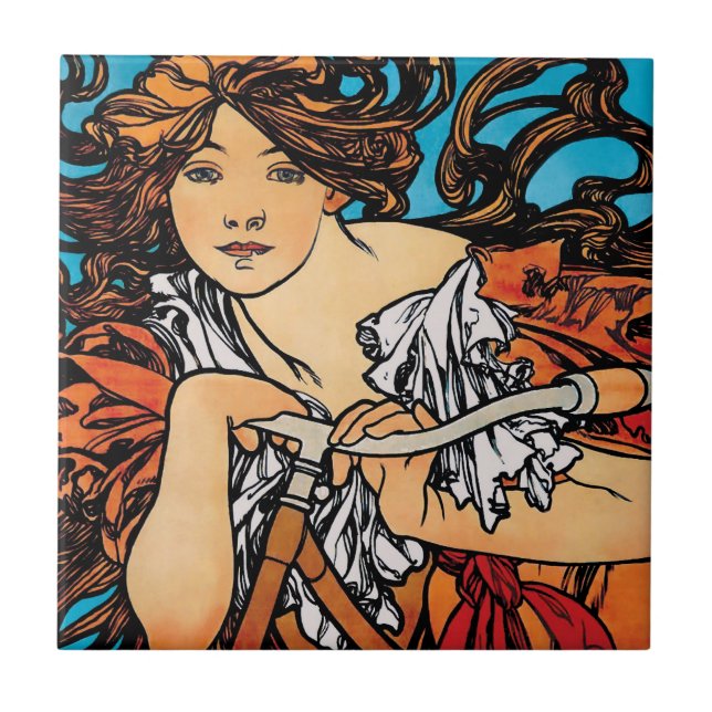 Azulejo Alphonse Mucha - Ciclos Perfecta Retro Art Nouveau (Frente)