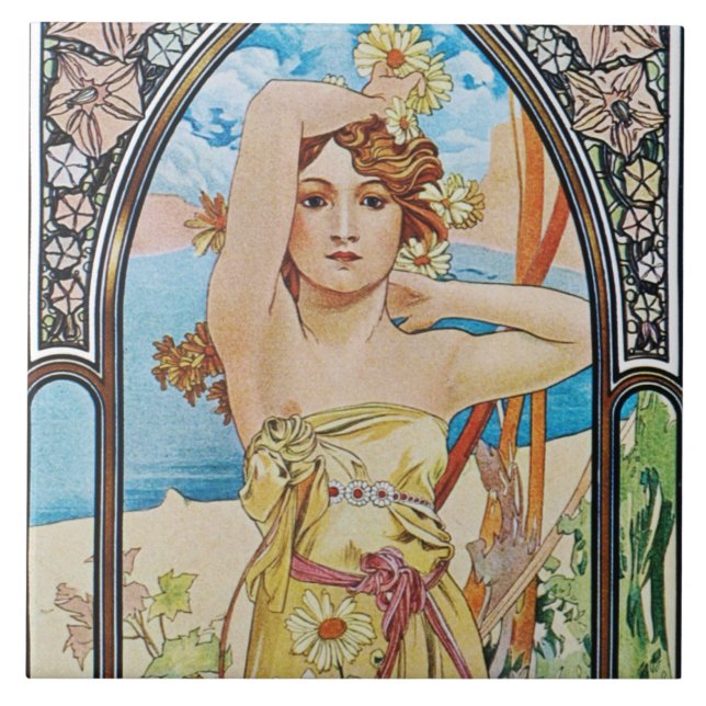 Azulejo Alphonse Mucha Daybreak Tile Trivet Regalo Box (Frente)