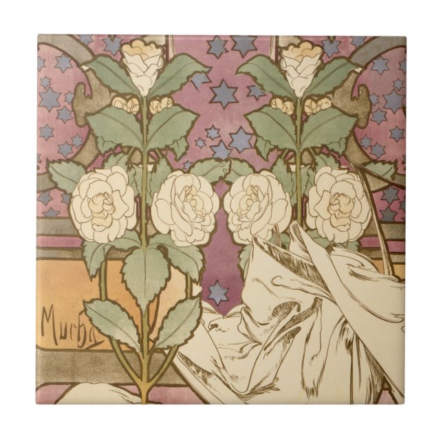 Azulejo Alphonse Mucha Elegant Art Nouveau Stars Camellia  (Frente)