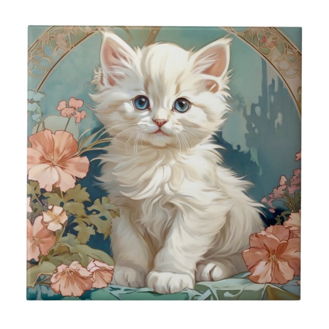 Azulejo Alphonse Mucha Estilo Gato Blanco (Frente)