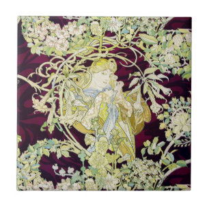 Azulejo Alphonse Mucha Mujer con margarita Art Nouveau Art