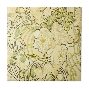 Azulejo Alphonse Mucha Peonías Patrón floral Art Nouveau
