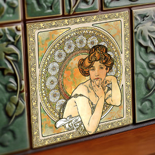Azulejo Alphonse Mucha Topaz Gold Art Nouveau Vintage