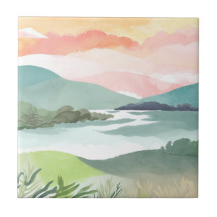Azulejo Amanecer en el lago por la mañana Acuarela Natur
