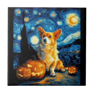 Azulejo Amantes de Corgi Pintura de van gogh noche estrell