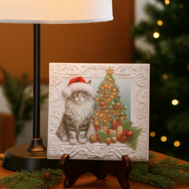 Azulejo Amantes de Gatos Relieve Navideño  (Festive ceramic tile with Santa cat and tree perfect for holiday desks, gifts, and cozy décor.)