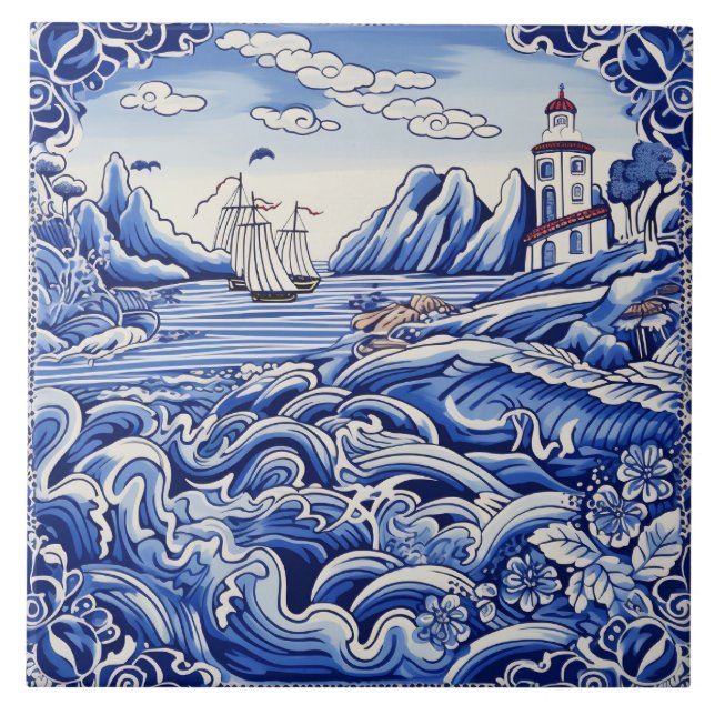 Azulejo Amantes del Mediterráneo blanco azul (Frente)