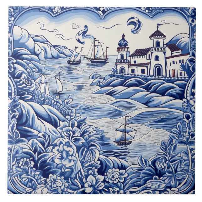 Azulejo Amantes del Mediterráneo blanco azul (Frente)