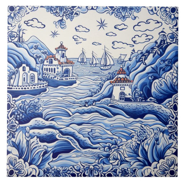 Azulejo Amantes del Mediterráneo blanco azul (Frente)