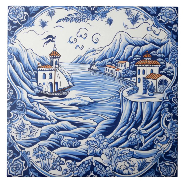 Azulejo Amantes del Mediterráneo blanco azul (Frente)