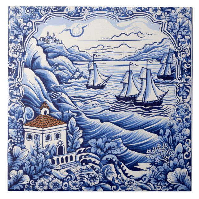 Azulejo Amantes del Mediterráneo blanco azul (Frente)