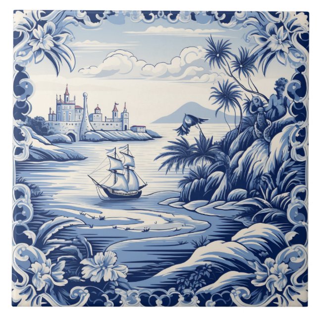 Azulejo Amantes del Mediterráneo blanco azul (Frente)