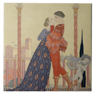 Azulejo Amantes en un balcón (w/c en el papel)