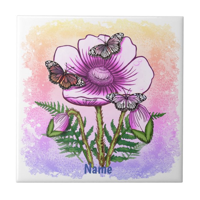 Azulejo Amapola rosa mariposa (Frente)