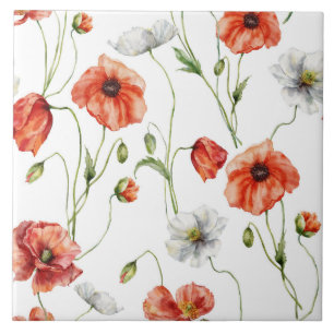 Azulejo Amapolas de pradera y flores silvestres blancas en