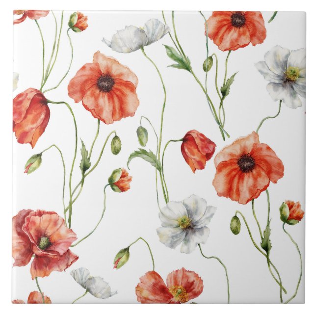 Azulejo Amapolas de pradera y flores silvestres blancas en (Frente)