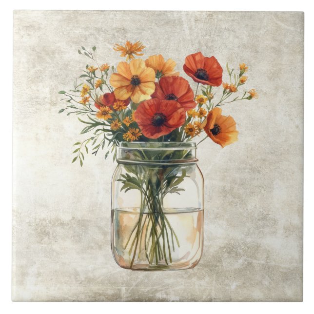 Azulejo Amapolas florales rústicas en tarro vintage  (Frente)