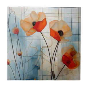 Azulejo Amapolas rojas modernas con líneas geométricas azu