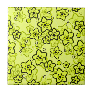 Azulejo Amarillo con patrón floral de neón brillante negro