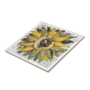 Azulejo Amarillo de girasol Verde Negro Estilo de Acuarela