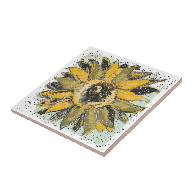 Azulejo Amarillo de girasol Verde Negro Estilo de Acuarela (Lado)