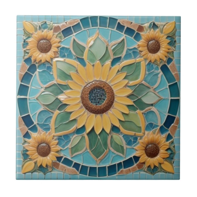 Azulejo Amarillo girasol Faux Mosaic Aqua Blue (Frente)