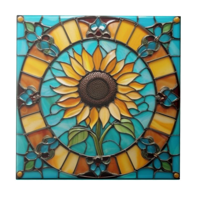 Azulejo Amarillo girasol Faux Sned Glass Aqua Blue (Frente)