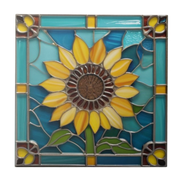 Azulejo Amarillo girasol Faux Sned Glass Aqua Blue (Frente)