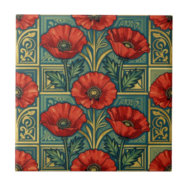 Azulejo Amarillo Rojo de las amapolas de William Morris ge (Frente)