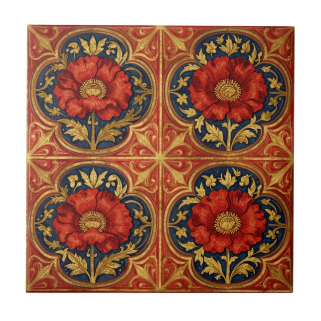 Azulejo Amarillo Rojo de William Morris Amapolas Floral ge (Frente)