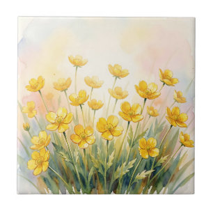 Azulejo Amarillo Soleado Wildflower Acuarela