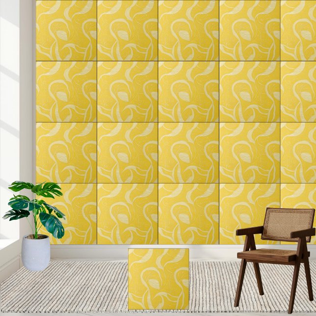 Azulejo Amarillo Sunny Abstracto Patrón Swirl Tile Cerámic (Sunny Yellow Abstract Swirl Pattern Ceramic Tile)