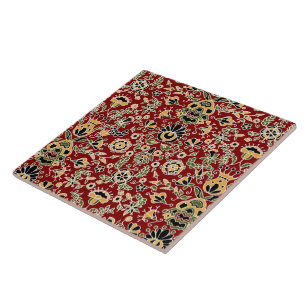 Azulejo Amarillo, verde, negro sobre rojo profundo