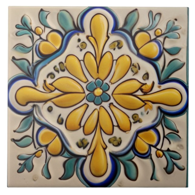 Azulejo Amarillo y verde azul Resumen Mediterráneo (Frente)