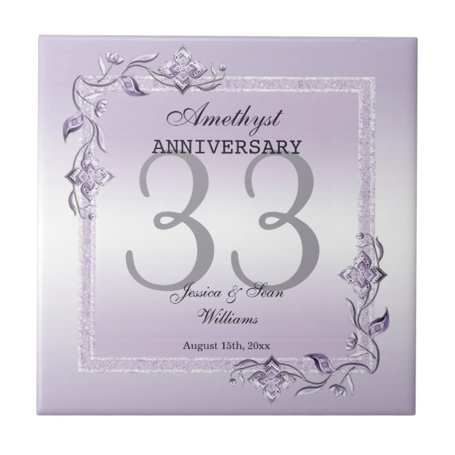 Azulejo Amethyst Gem y Purpurina 33° Aniversario Boda (Frente)