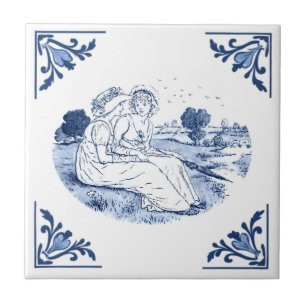 Azulejo Amigos de la cosecha Señoras Delft Corner Blue and