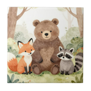Azulejo Amigos del bosque lindos oso zorro mapache acuarel