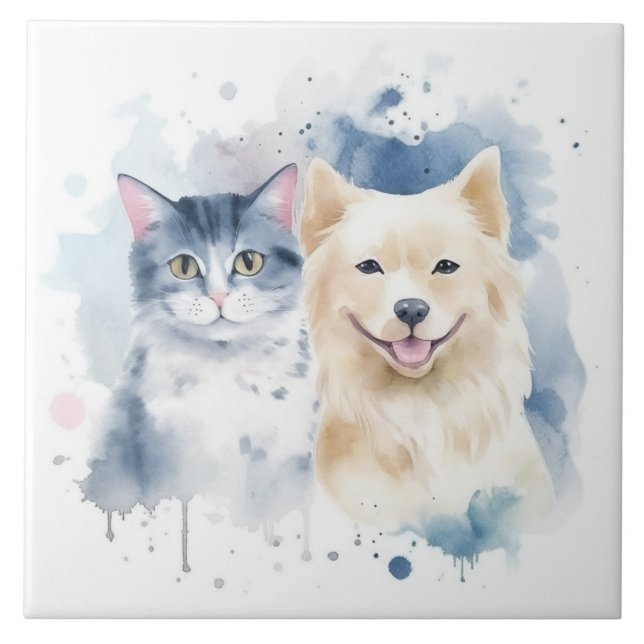 Azulejo Amigos para siempre: arte acuático de perro y gato (Frente)