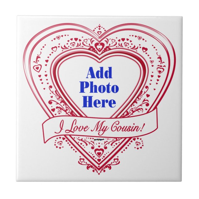 Azulejo ¡Amo A Mi Primo! Corazones rojos de foto (Frente)