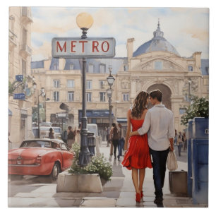 Azulejo Amor en París: Pareja Romántica en Estación de Tre