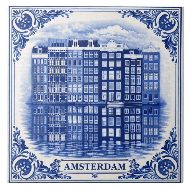 Azulejo Amsterdam canal houses Delft Blue style tile (Frente)