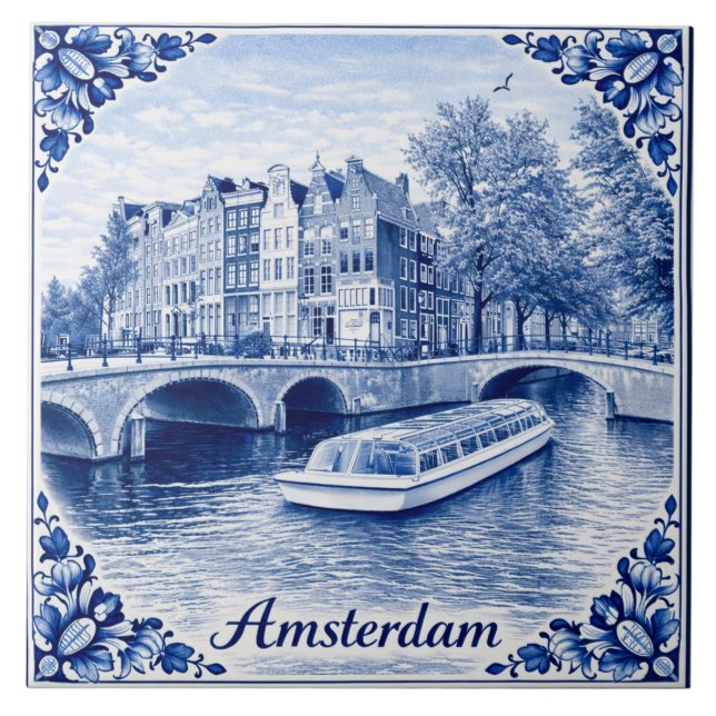 Azulejo Amsterdam canal houses Delft Blue style tile (Frente)