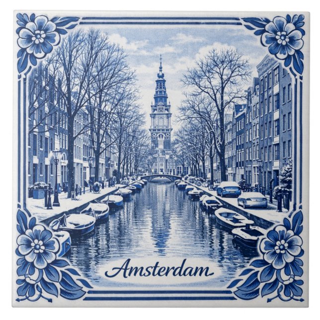 Azulejo Amsterdam canal winter Delft Blue style tile (Frente)