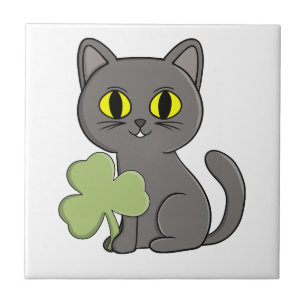 Azulejo Amuleto de trébol de trébol de gato gris