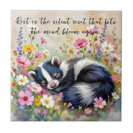 Azulejo An Adorable Skunk Napping in Flowers and Quote